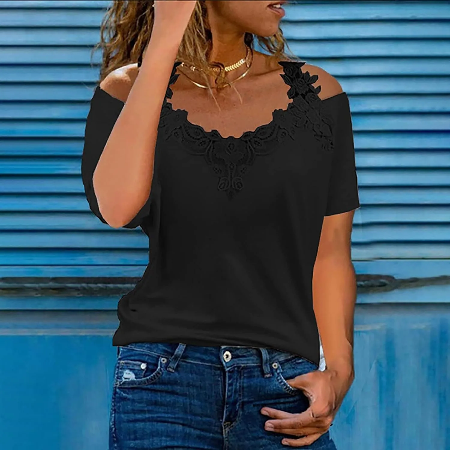 Womens Summer Cold Shoulder Tops Sexy Lace Crochet Strappy T Shirts V Neck Plus Size Tunic Casual Off Shoulder Blouse