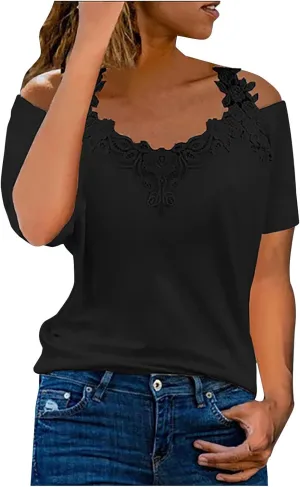 Womens Summer Cold Shoulder Tops Sexy Lace Crochet Strappy T Shirts V Neck Plus Size Tunic Casual Off Shoulder Blouse