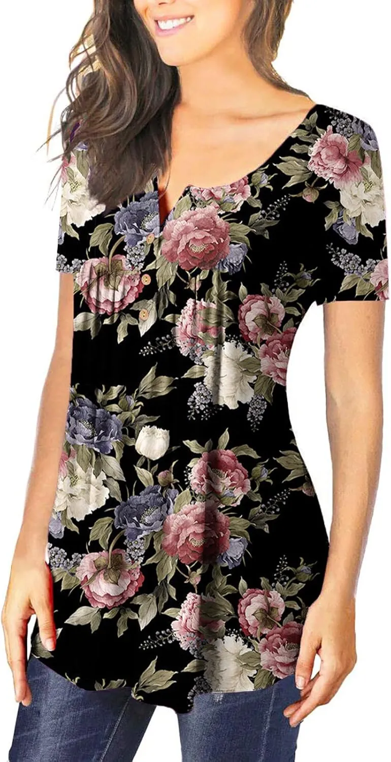 Womens Summer Tops 2025 Dressy Casual Short Sleeve Button V Neck T Shirts Trendy Cute Tees Bloral Boho Tunic Blouses