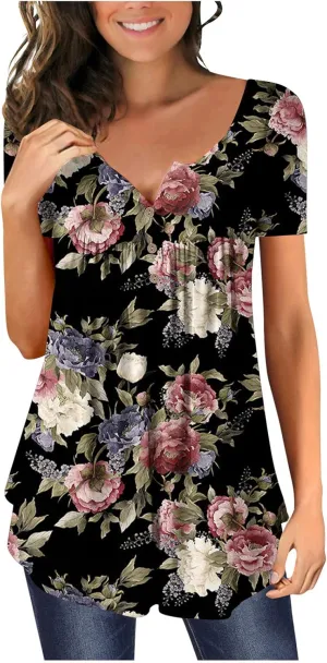 Womens Summer Tops 2025 Dressy Casual Short Sleeve Button V Neck T Shirts Trendy Cute Tees Bloral Boho Tunic Blouses