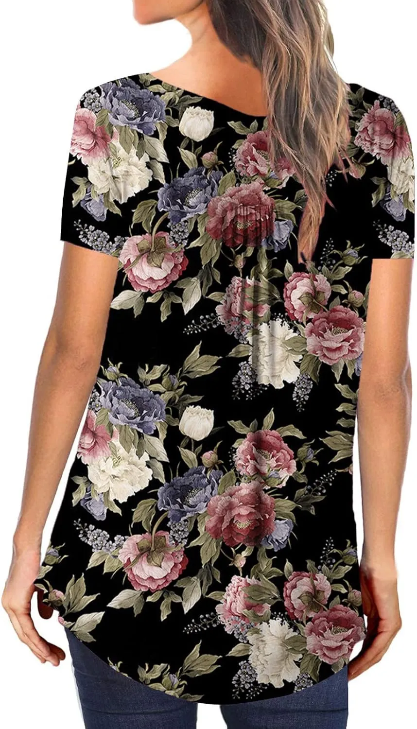 Womens Summer Tops 2025 Dressy Casual Short Sleeve Button V Neck T Shirts Trendy Cute Tees Bloral Boho Tunic Blouses