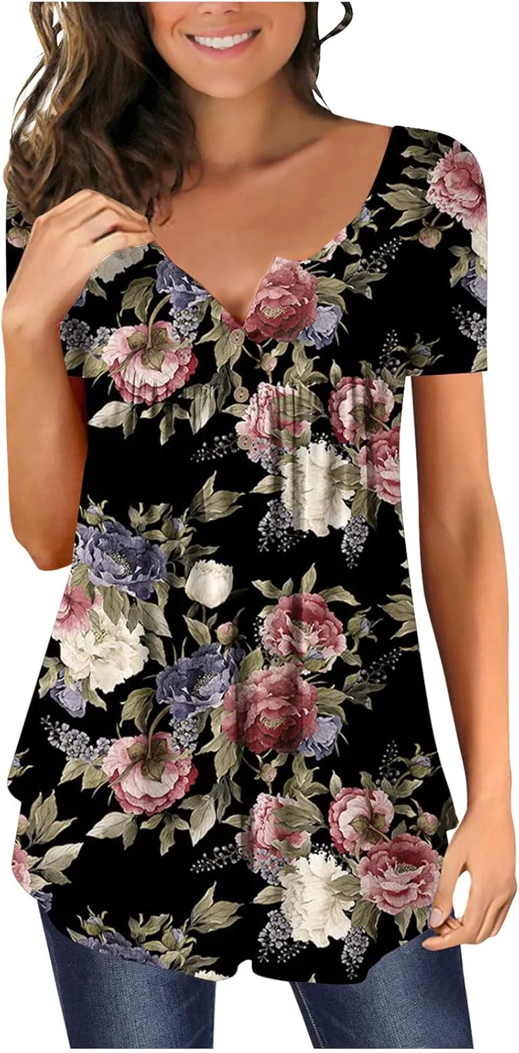 Womens Summer Tops 2025 Dressy Casual Short Sleeve Button V Neck T Shirts Trendy Cute Tees Bloral Boho Tunic Blouses