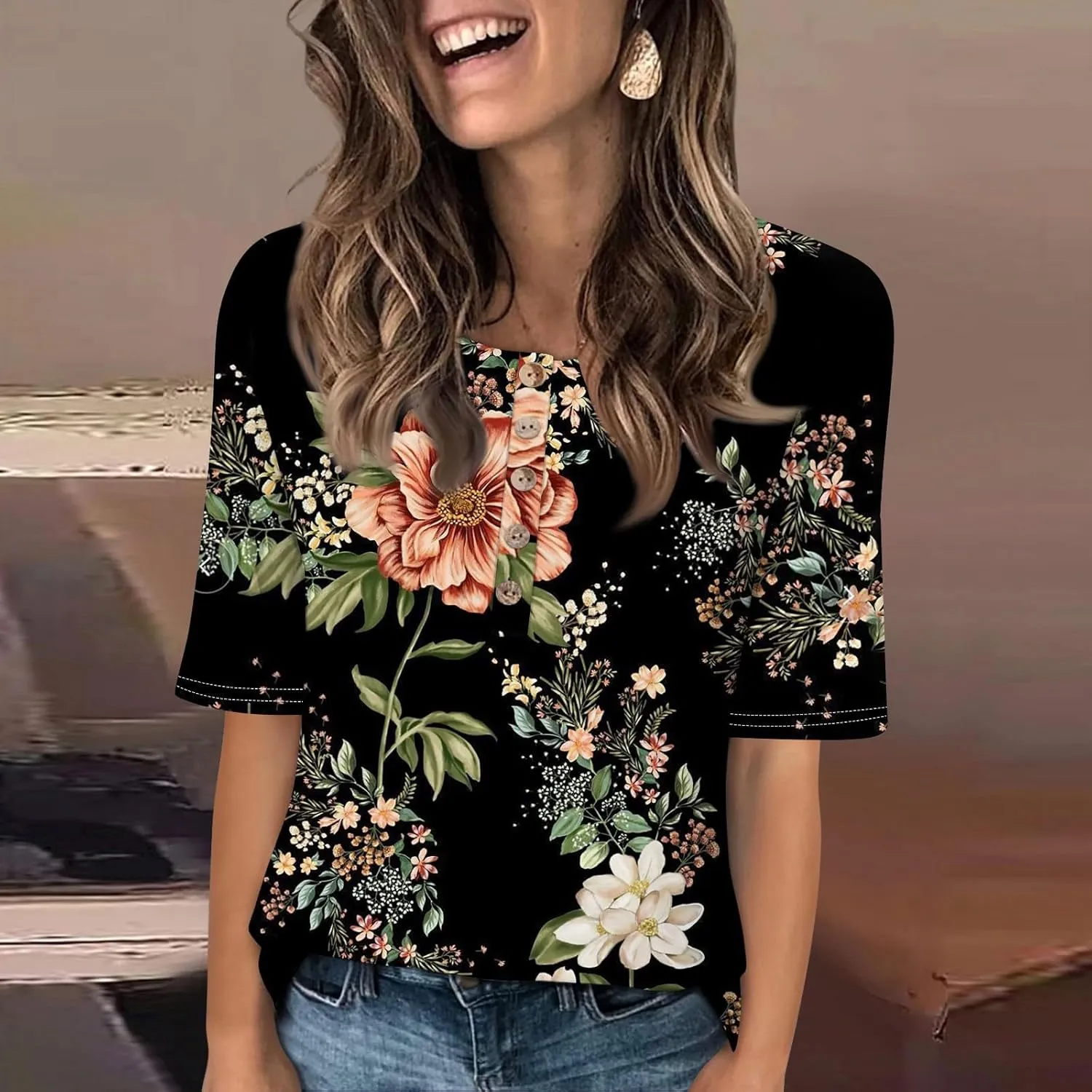 Womens Summer Tops Elbow Sleeve Tops Women Button Down T Shirts Scoop Neck Striped Floral Blouses Dressy Casual