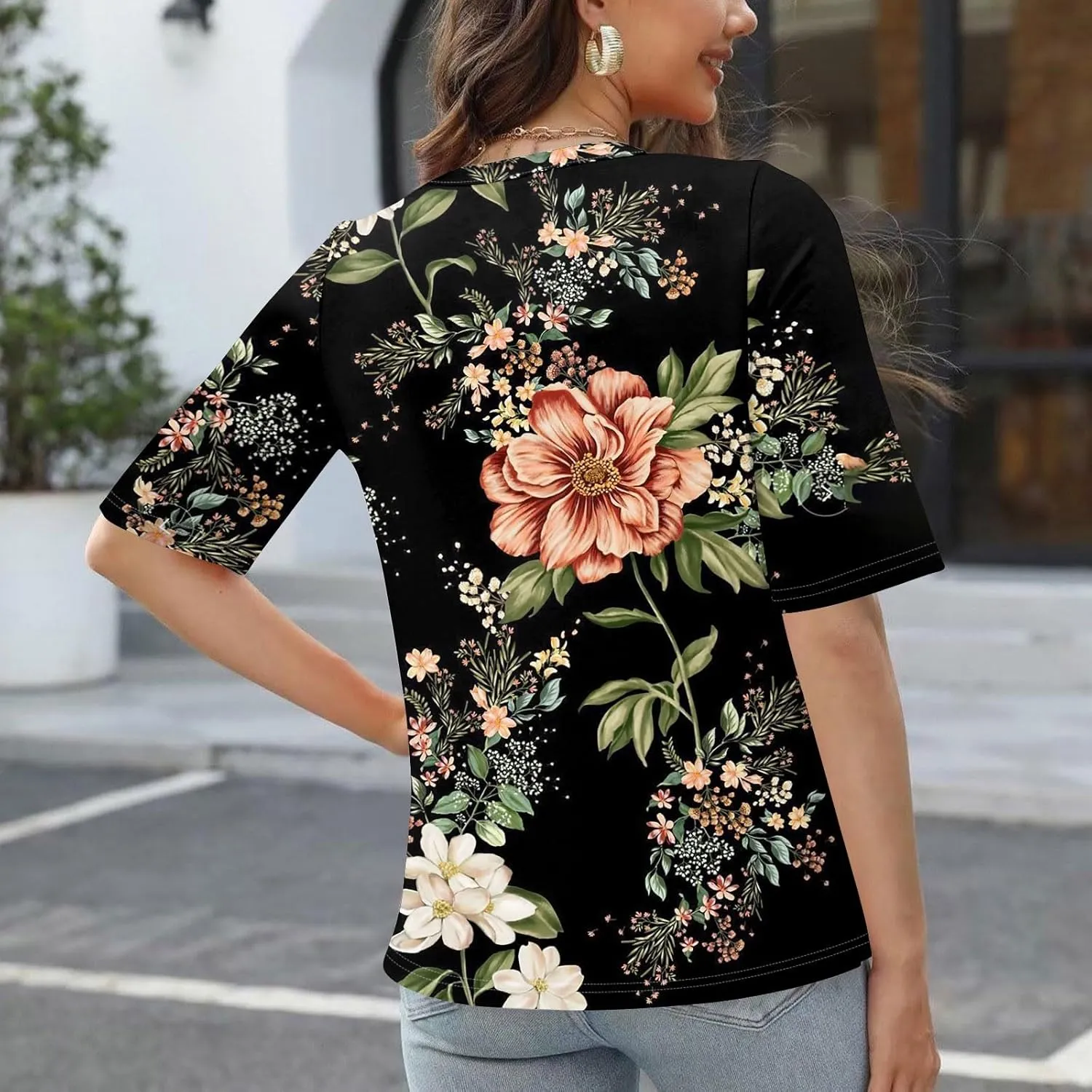 Womens Summer Tops Elbow Sleeve Tops Women Button Down T Shirts Scoop Neck Striped Floral Blouses Dressy Casual
