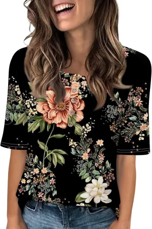 Womens Summer Tops Elbow Sleeve Tops Women Button Down T Shirts Scoop Neck Striped Floral Blouses Dressy Casual