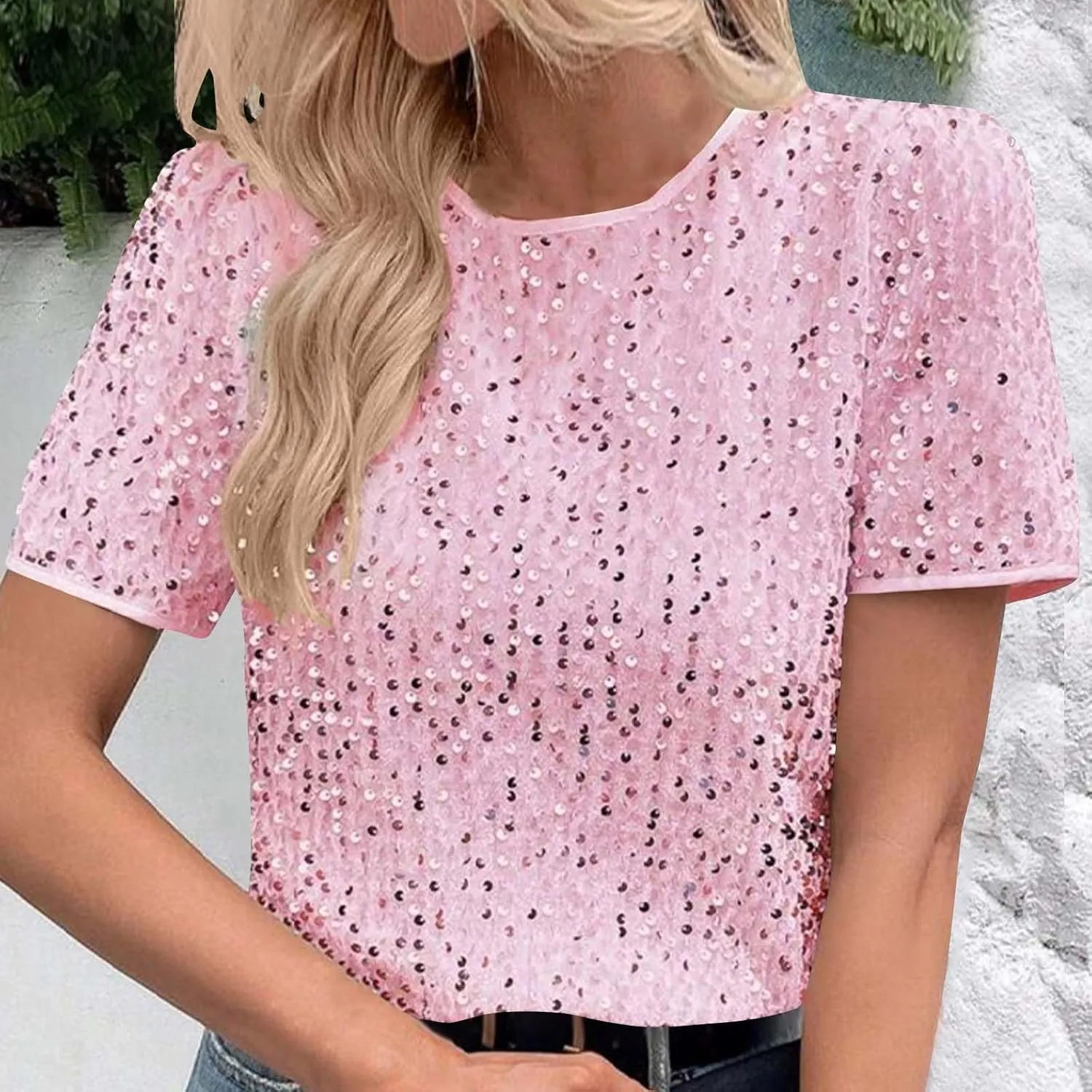 Womens T Shirts Fashion Glitter Sequin Short Sleeve Summer Shirt Casual Crewneck Loose Pullover Sparkly Tunic Tops