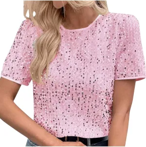 Womens T Shirts Fashion Glitter Sequin Short Sleeve Summer Shirt Casual Crewneck Loose Pullover Sparkly Tunic Tops