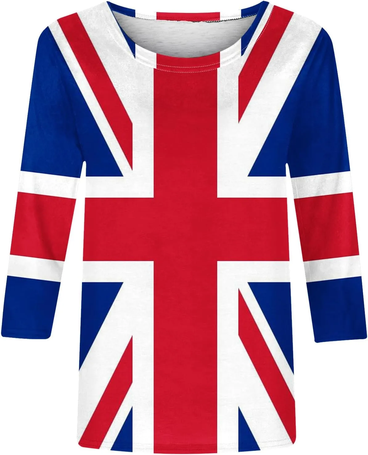 Women's T-Shirts UK Flag Print Shirts 3/4 Sleeve Crew Neck Vintage Tee Tops United Kingdom British Flag Blouses