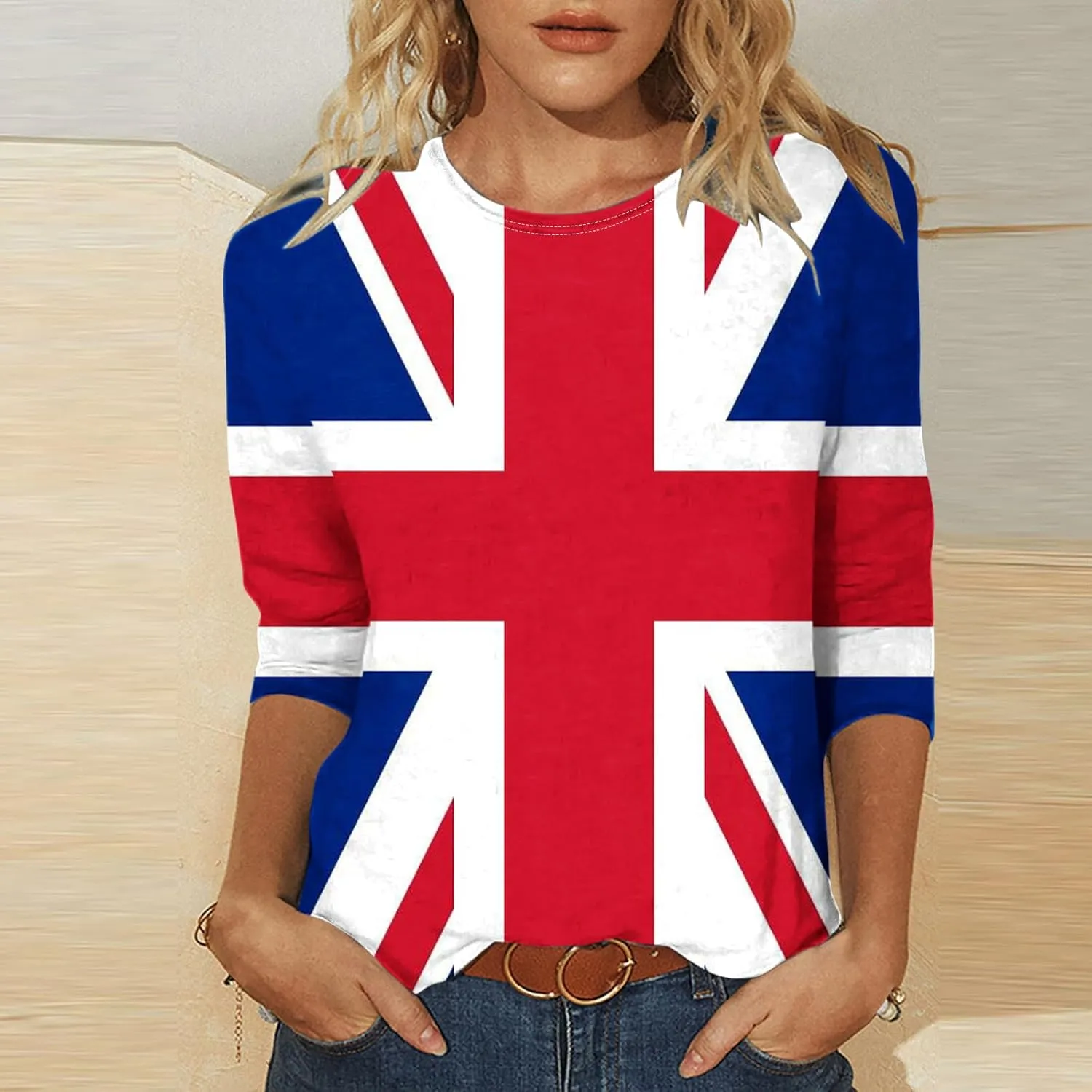 Women's T-Shirts UK Flag Print Shirts 3/4 Sleeve Crew Neck Vintage Tee Tops United Kingdom British Flag Blouses