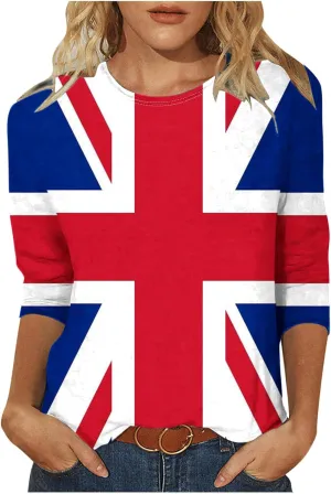Women's T-Shirts UK Flag Print Shirts 3/4 Sleeve Crew Neck Vintage Tee Tops United Kingdom British Flag Blouses