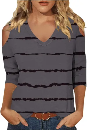 Womens Tops 3/4 Length Sleeves V Neck Cold Shoulder Shirts Trendy Striped Summer Blouse Ladies Workout Going Out Tees