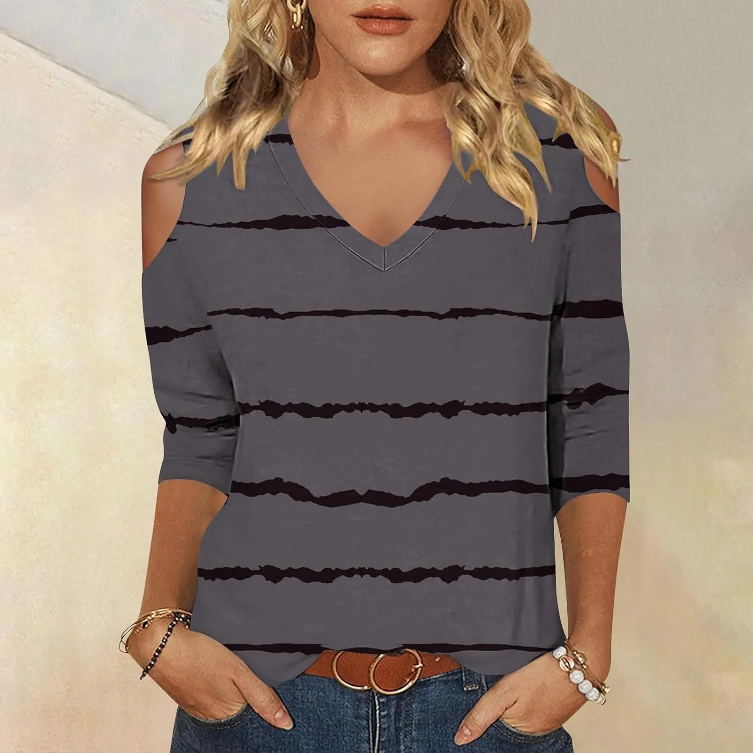 Womens Tops 3/4 Length Sleeves V Neck Cold Shoulder Shirts Trendy Striped Summer Blouse Ladies Workout Going Out Tees