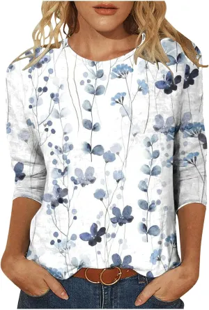 Womens Vintage Print Summer Blouses Elbow Length Casual Tops 3/4 Sleeve Tshirts Shirts Loose Fit Ladies Clothing 2024