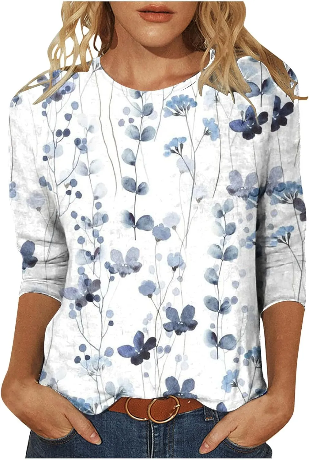 Womens Vintage Print Summer Blouses Elbow Length Casual Tops 3/4 Sleeve Tshirts Shirts Loose Fit Ladies Clothing 2024