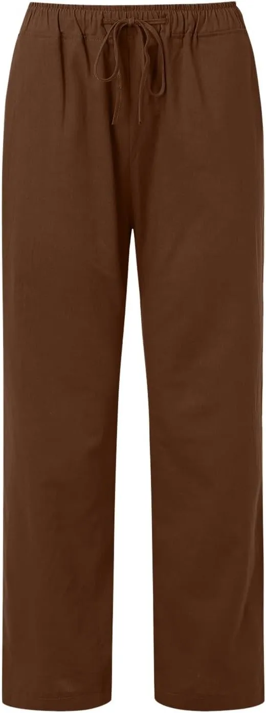 Women's Wide Leg Linen Pants Dressy High Waist Palazzo Pant Plus Size Button Down Trouser with Pocket
