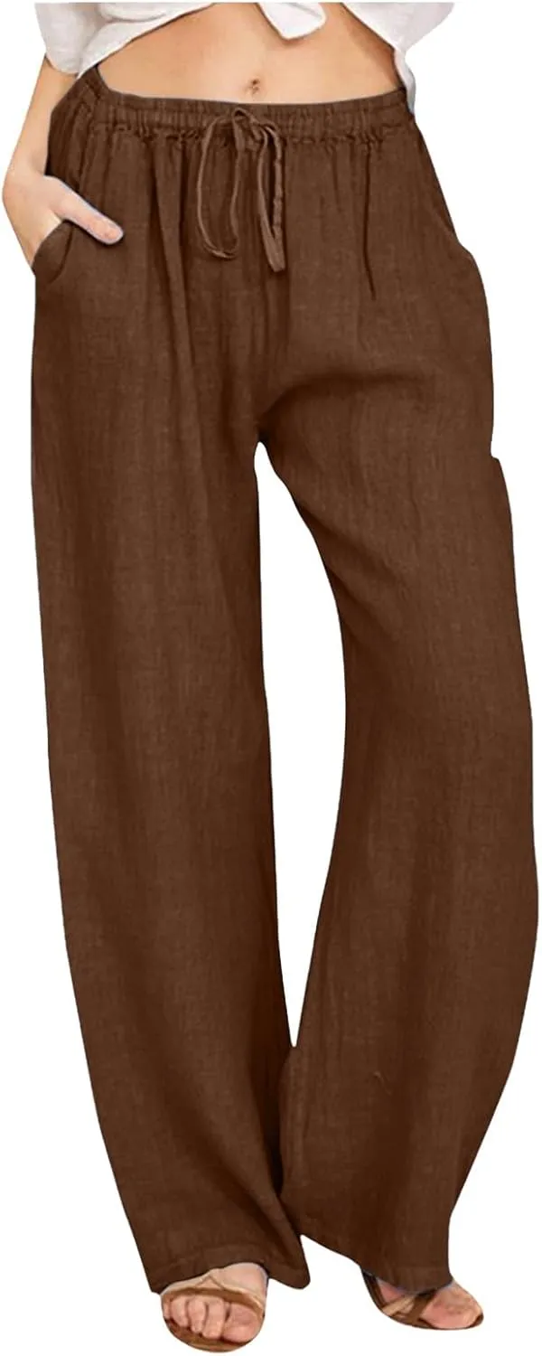 Women's Wide Leg Linen Pants Dressy High Waist Palazzo Pant Plus Size Button Down Trouser with Pocket