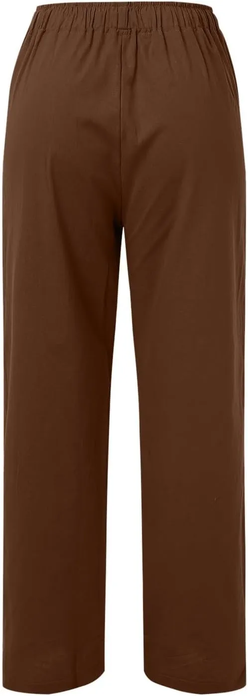 Women's Wide Leg Linen Pants Dressy High Waist Palazzo Pant Plus Size Button Down Trouser with Pocket