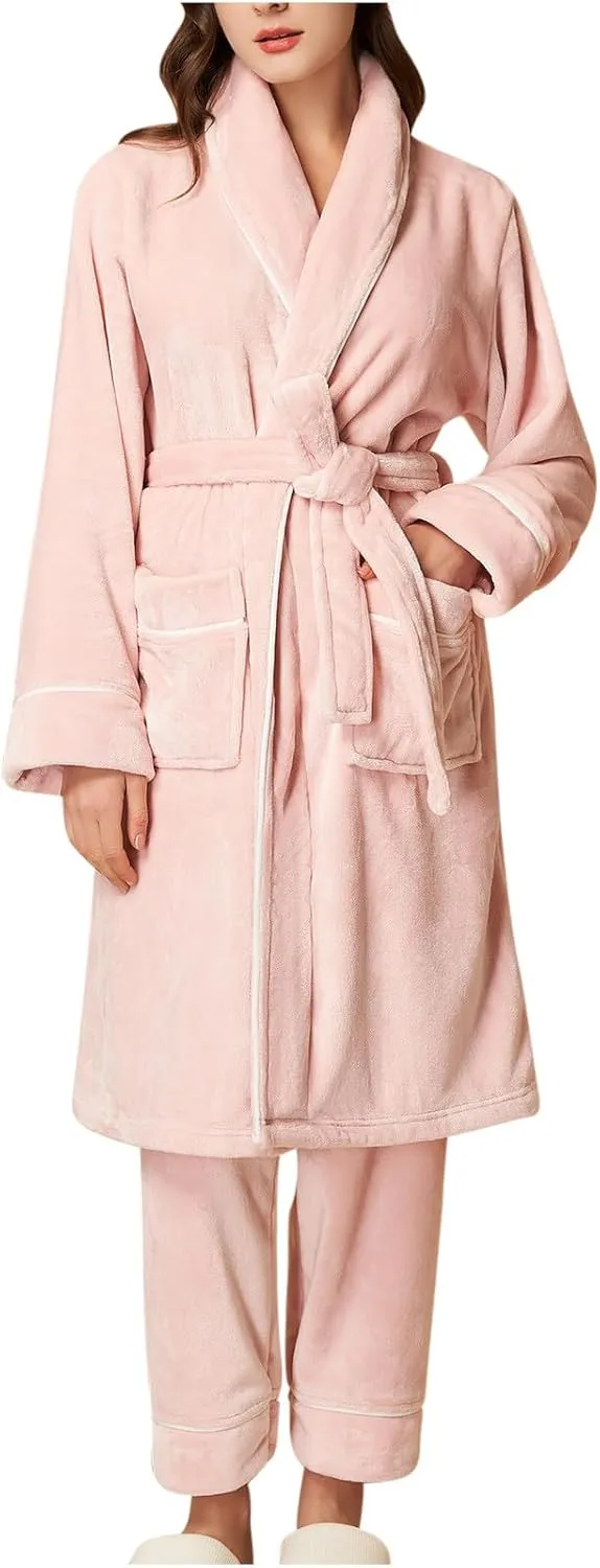 Womens Winter Flannel Pajama Sets Fluffy Fleece Long Bathrobe with Pant Warm Shower Nightgown,Pocket,Belted