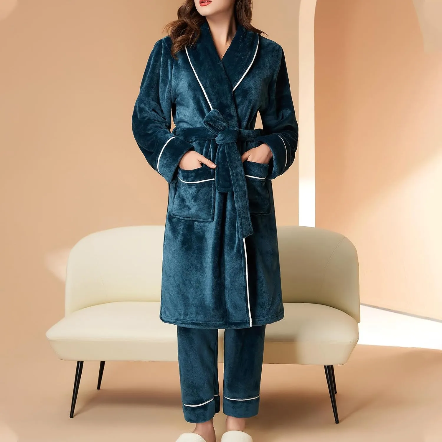 Womens Winter Flannel Pajama Sets Fluffy Fleece Long Bathrobe with Pant Warm Shower Nightgown,Pocket,Belted