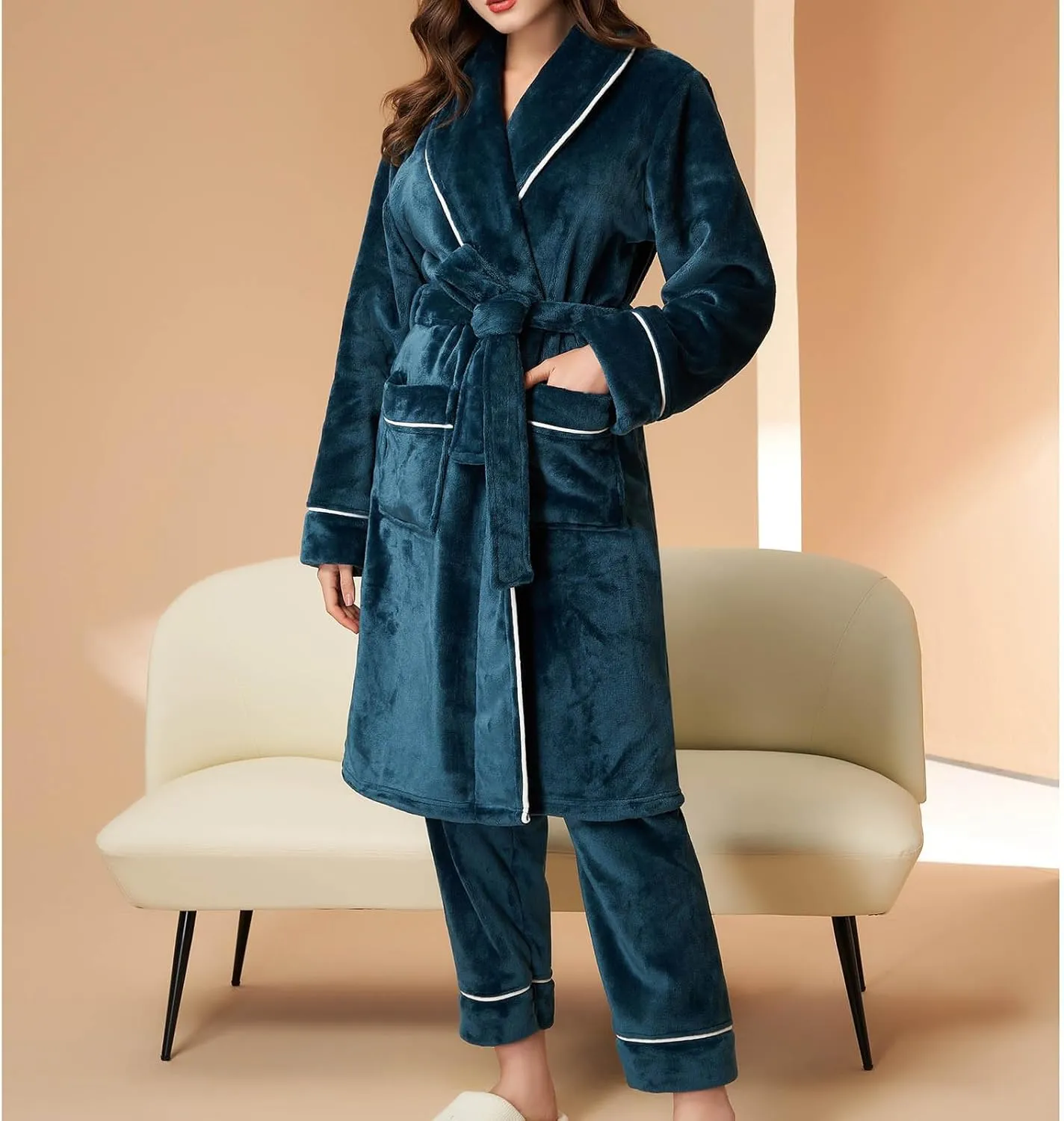 Womens Winter Flannel Pajama Sets Fluffy Fleece Long Bathrobe with Pant Warm Shower Nightgown,Pocket,Belted