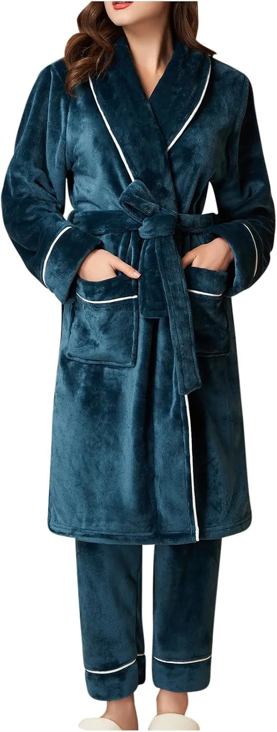 Womens Winter Flannel Pajama Sets Fluffy Fleece Long Bathrobe with Pant Warm Shower Nightgown,Pocket,Belted
