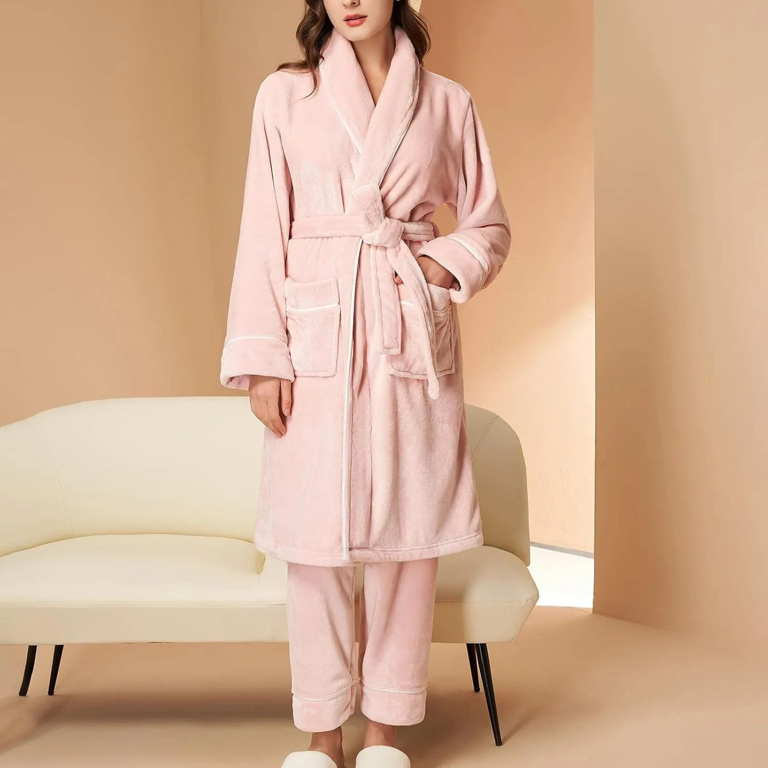 Womens Winter Flannel Pajama Sets Fluffy Fleece Long Bathrobe with Pant Warm Shower Nightgown,Pocket,Belted