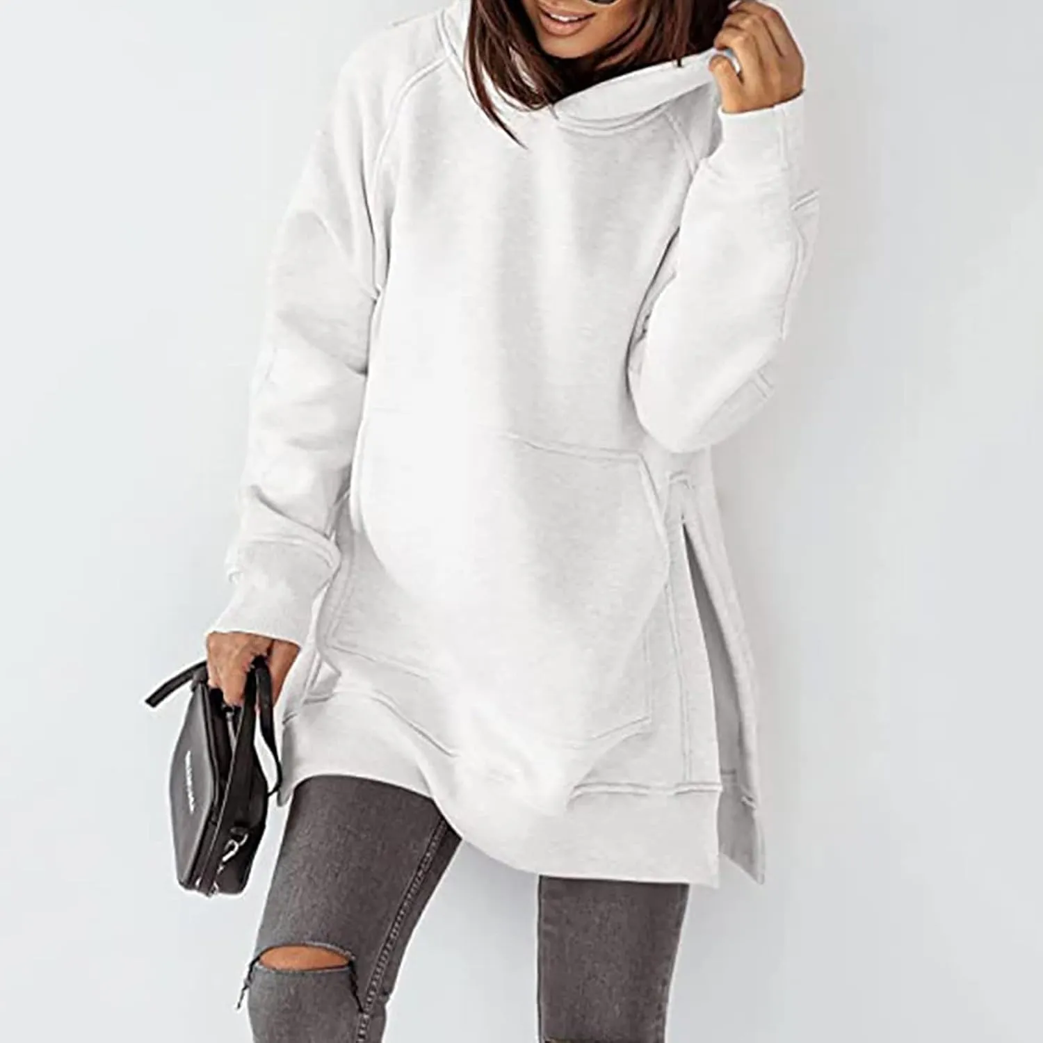 Women's Winter Oversized Hoodies Stylish Long Sleeve High Split Hem Pullover Casual High Low Sweatshirt With Pocket