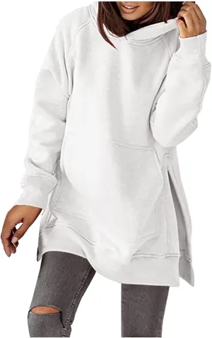 Women's Winter Oversized Hoodies Stylish Long Sleeve High Split Hem Pullover Casual High Low Sweatshirt With Pocket