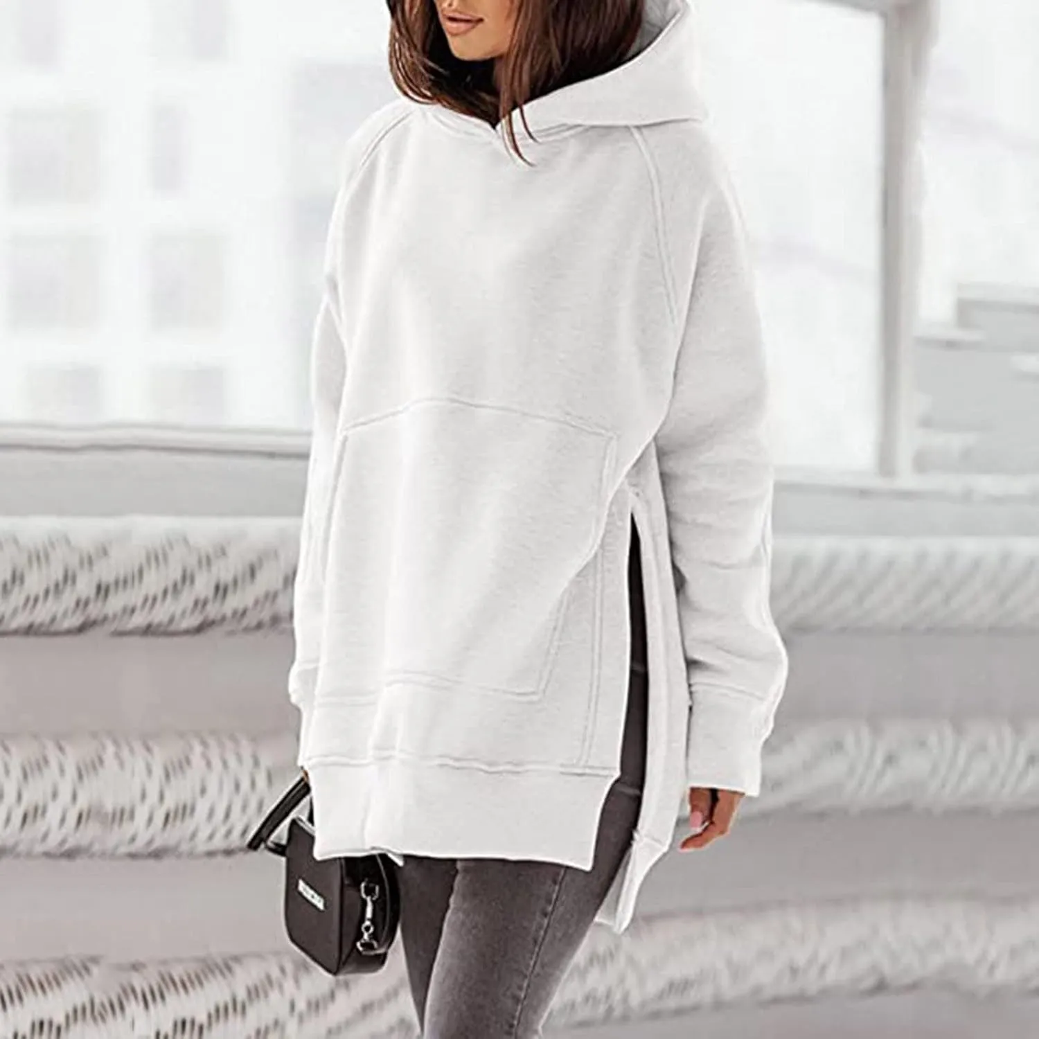 Women's Winter Oversized Hoodies Stylish Long Sleeve High Split Hem Pullover Casual High Low Sweatshirt With Pocket