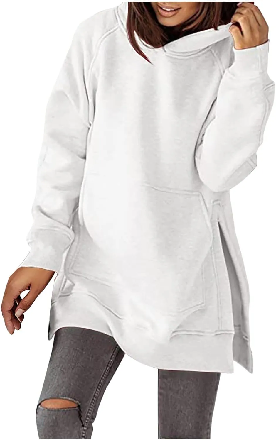 Women's Winter Oversized Hoodies Stylish Long Sleeve High Split Hem Pullover Casual High Low Sweatshirt With Pocket