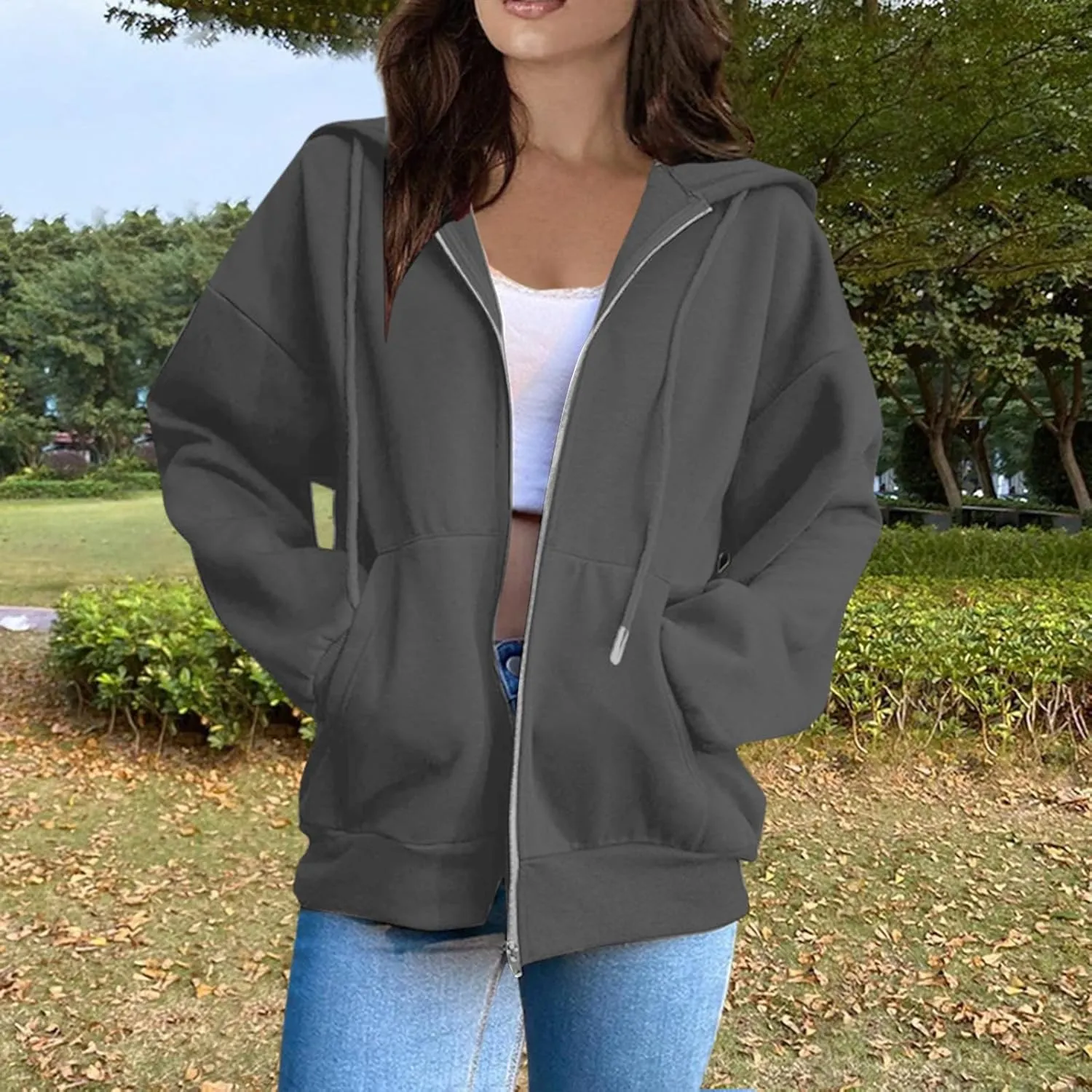 Womens Zip Up Hoodies Solid Color Long Sleeve Sweatshirts Casual Loose Lightweight Jacket with Pockets
