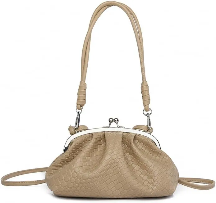 Woven Evening Bag Kiss Lock Clutch Purse for Women Crossbody Bag Vegan Leather Shoulder Purse Satchel Handbag