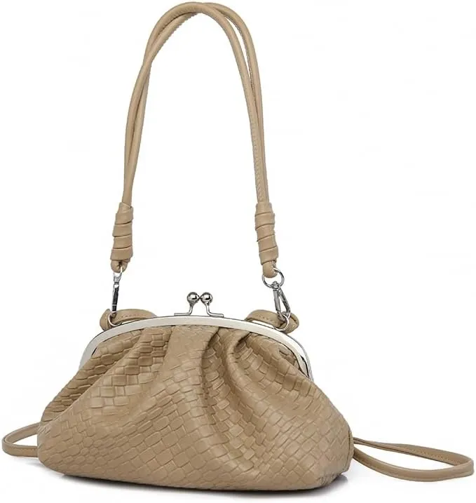 Woven Evening Bag Kiss Lock Clutch Purse for Women Crossbody Bag Vegan Leather Shoulder Purse Satchel Handbag