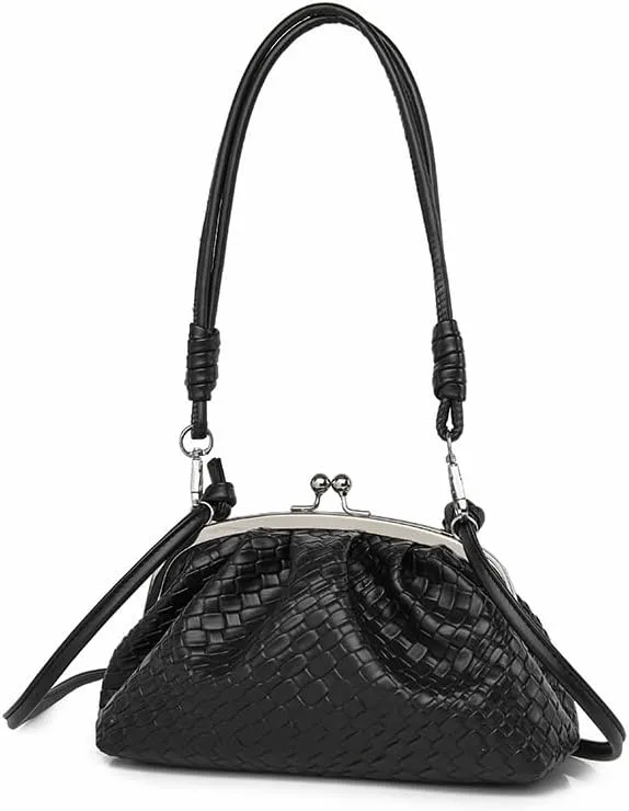 Woven Evening Bag Kiss Lock Clutch Purse for Women Crossbody Bag Vegan Leather Shoulder Purse Satchel Handbag