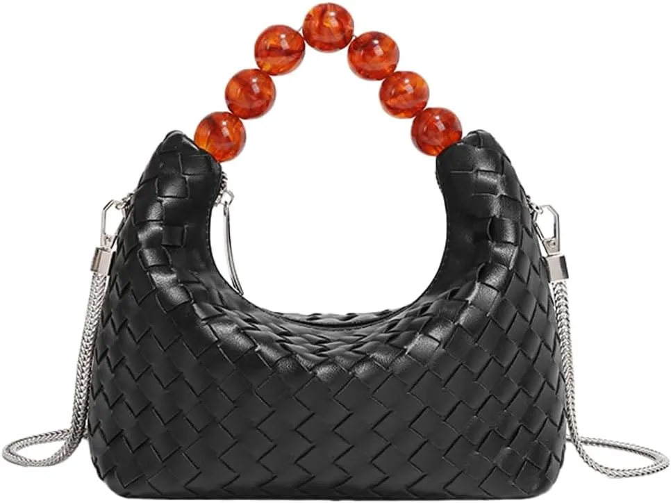 Woven Tote Bag Purse Shoulder Handbag for Women Trendy Woven Crossbody Bag Small Leather Pearl Evening Clutch Handbag Satchel