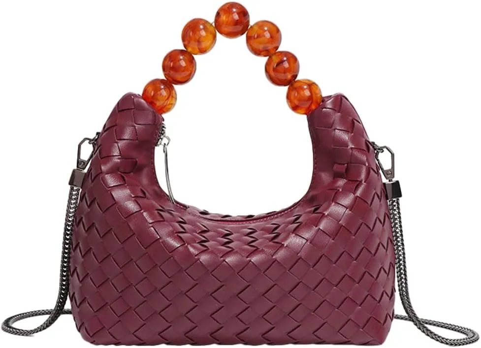 Woven Tote Bag Purse Shoulder Handbag for Women Trendy Woven Crossbody Bag Small Leather Pearl Evening Clutch Handbag Satchel