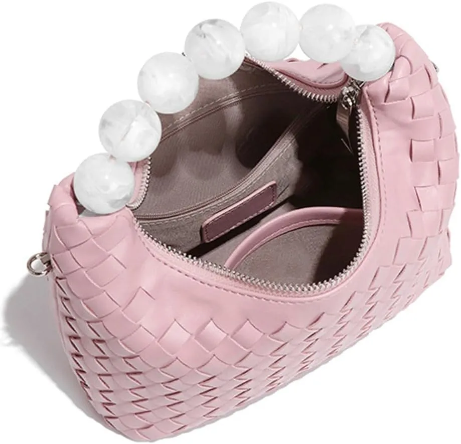 Woven Tote Bag Purse Shoulder Handbag for Women Trendy Woven Crossbody Bag Small Leather Pearl Evening Clutch Handbag Satchel