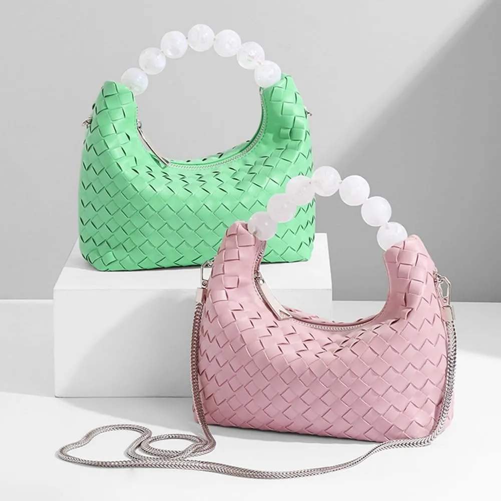 Woven Tote Bag Purse Shoulder Handbag for Women Trendy Woven Crossbody Bag Small Leather Pearl Evening Clutch Handbag Satchel
