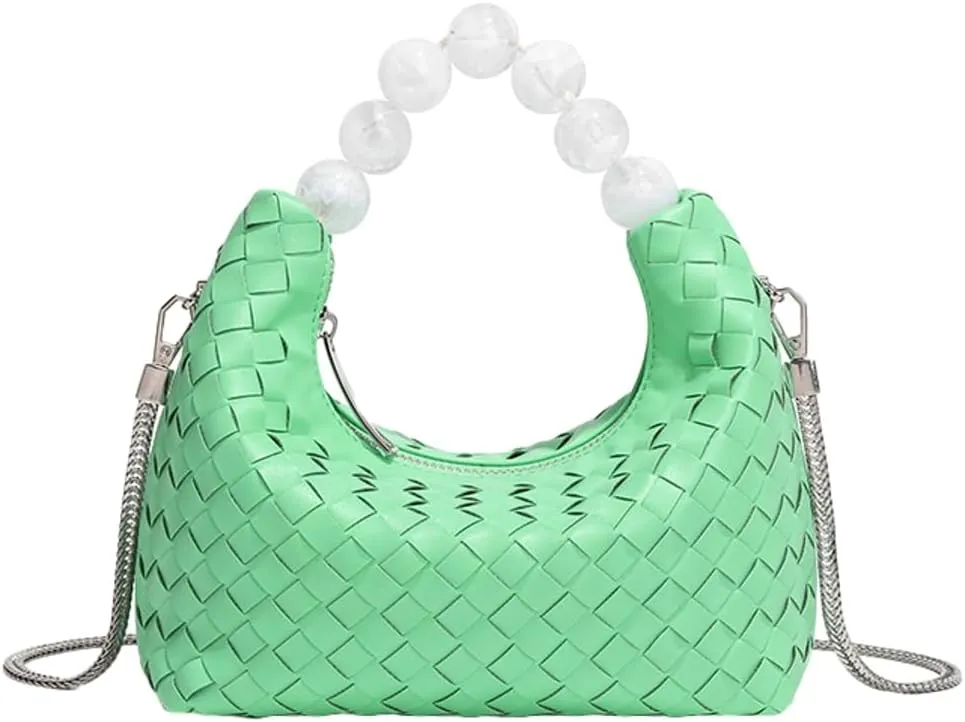 Woven Tote Bag Purse Shoulder Handbag for Women Trendy Woven Crossbody Bag Small Leather Pearl Evening Clutch Handbag Satchel