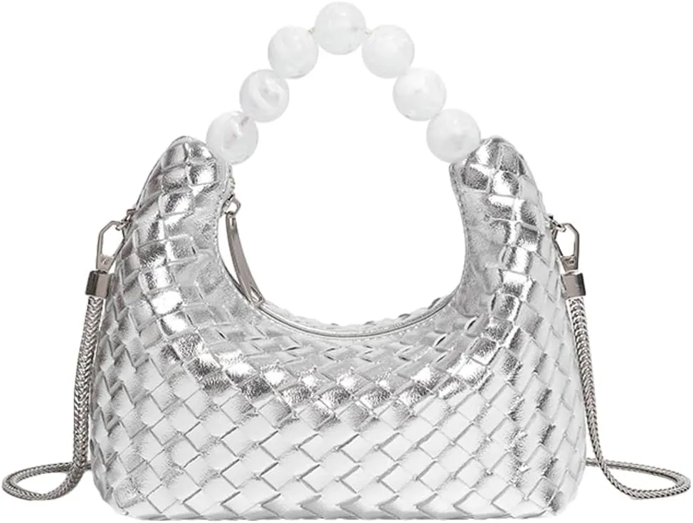Woven Tote Bag Purse Shoulder Handbag for Women Trendy Woven Crossbody Bag Small Leather Pearl Evening Clutch Handbag Satchel