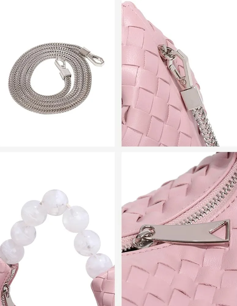 Woven Tote Bag Purse Shoulder Handbag for Women Trendy Woven Crossbody Bag Small Leather Pearl Evening Clutch Handbag Satchel