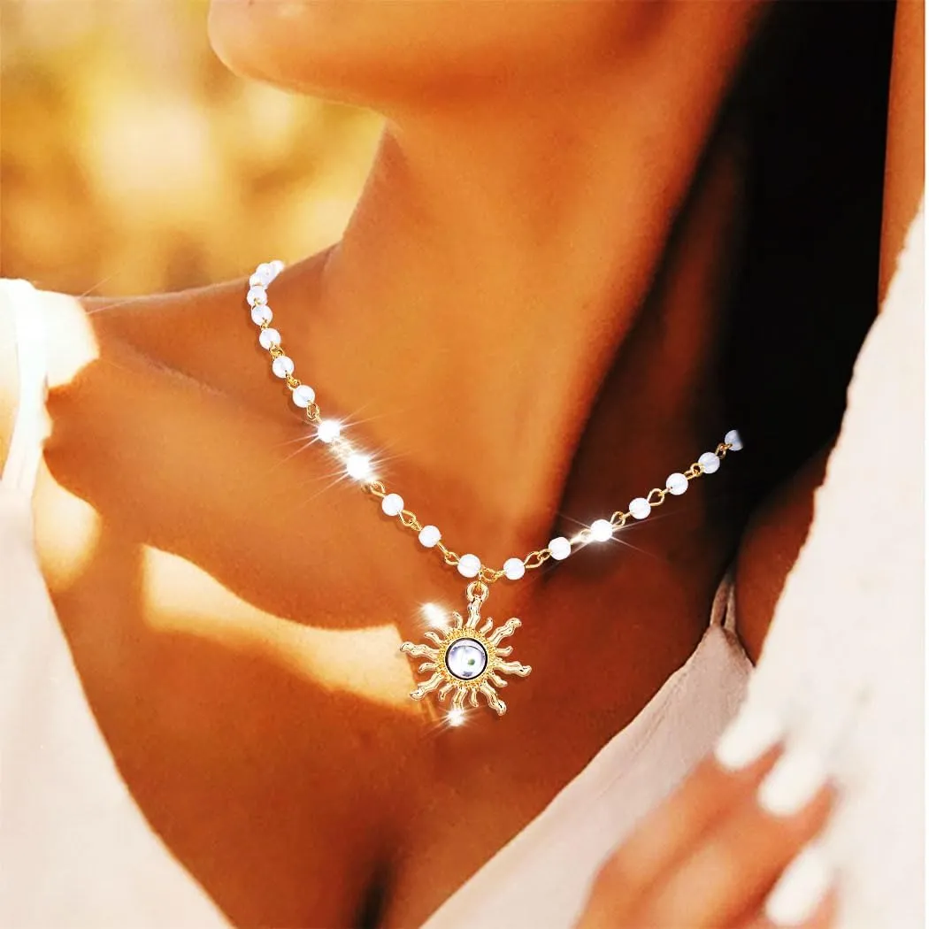 Yalice Boho Beaded Choker Necklace Opal Sun Pendant Necklaces Beach Mermaid Beads Necklace Jewelry Gift for Women