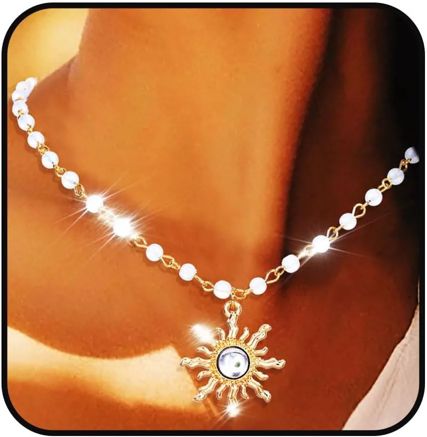 Yalice Boho Beaded Choker Necklace Opal Sun Pendant Necklaces Beach Mermaid Beads Necklace Jewelry Gift for Women