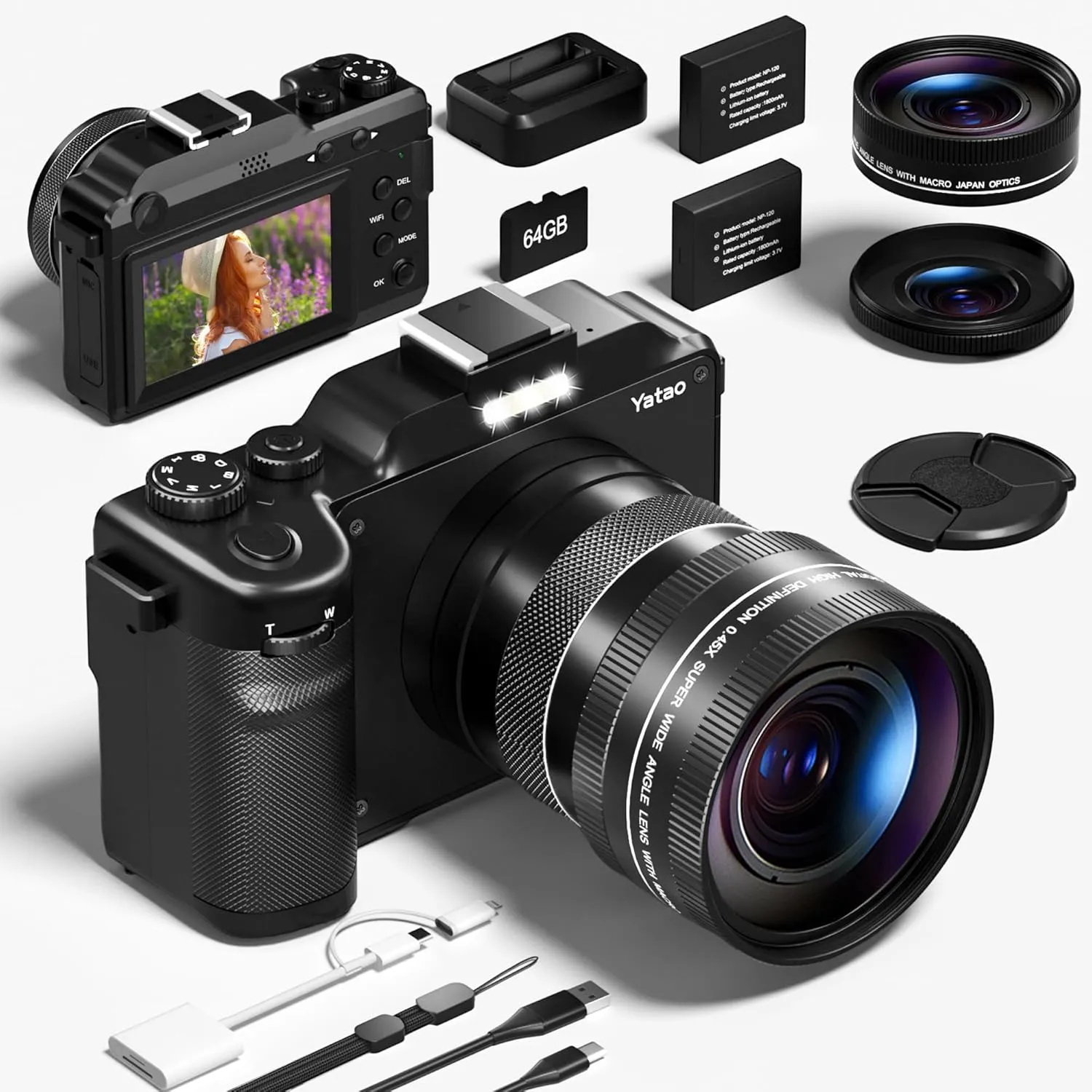 Yatao Digital Camera with WiFi, 4K 5K 64MP Photography Camera Kit for YouTube, Front and Rear Dual Camera for Convenient Selfie, Equipped with 64GB Micro Card, Wide & Macro Lens, Card Reader