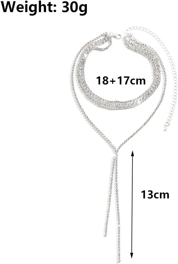 YOOESTORES82 Layered Rhinestone Long Choker Necklace for Women Layered Cubic Zirconia Necklace Multilayer Tassel Y Long Statement Necklaces