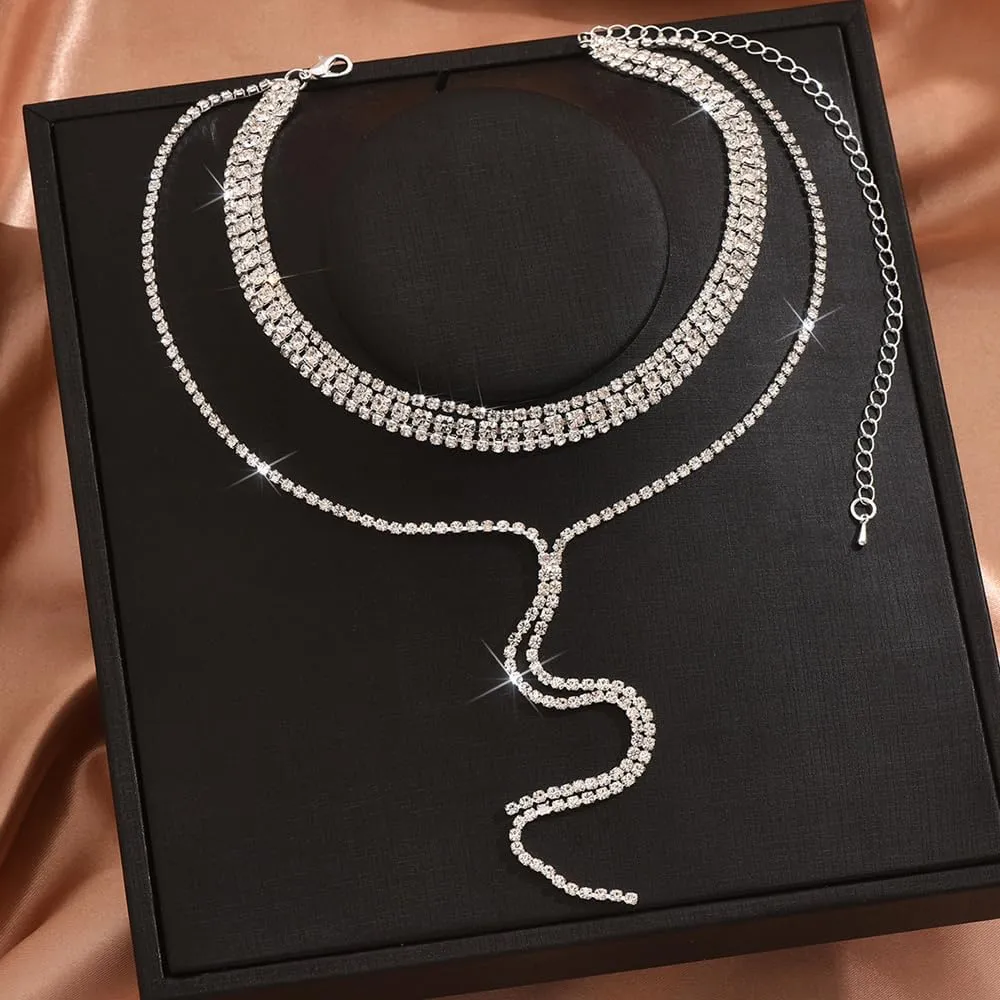 YOOESTORES82 Layered Rhinestone Long Choker Necklace for Women Layered Cubic Zirconia Necklace Multilayer Tassel Y Long Statement Necklaces