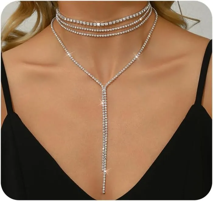 YOOESTORES82 Layered Rhinestone Long Choker Necklace for Women Layered Cubic Zirconia Necklace Multilayer Tassel Y Long Statement Necklaces