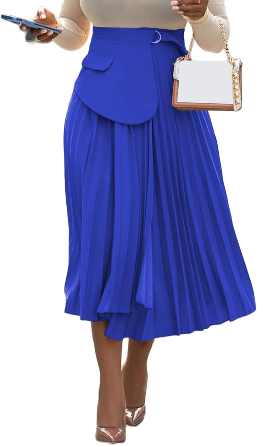 YOOTIKO Women Pleated Skirt High Waisted Midi Skirt Casual Work Flowy A Line Skirts with Buckle