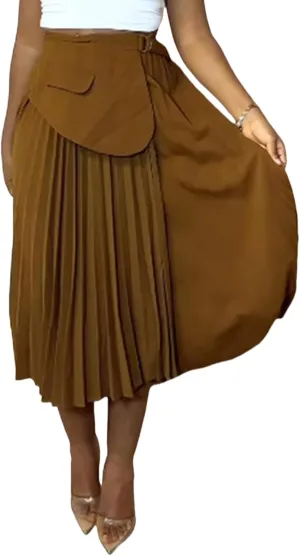 YOOTIKO Women Pleated Skirt High Waisted Midi Skirt Casual Work Flowy A Line Skirts with Buckle