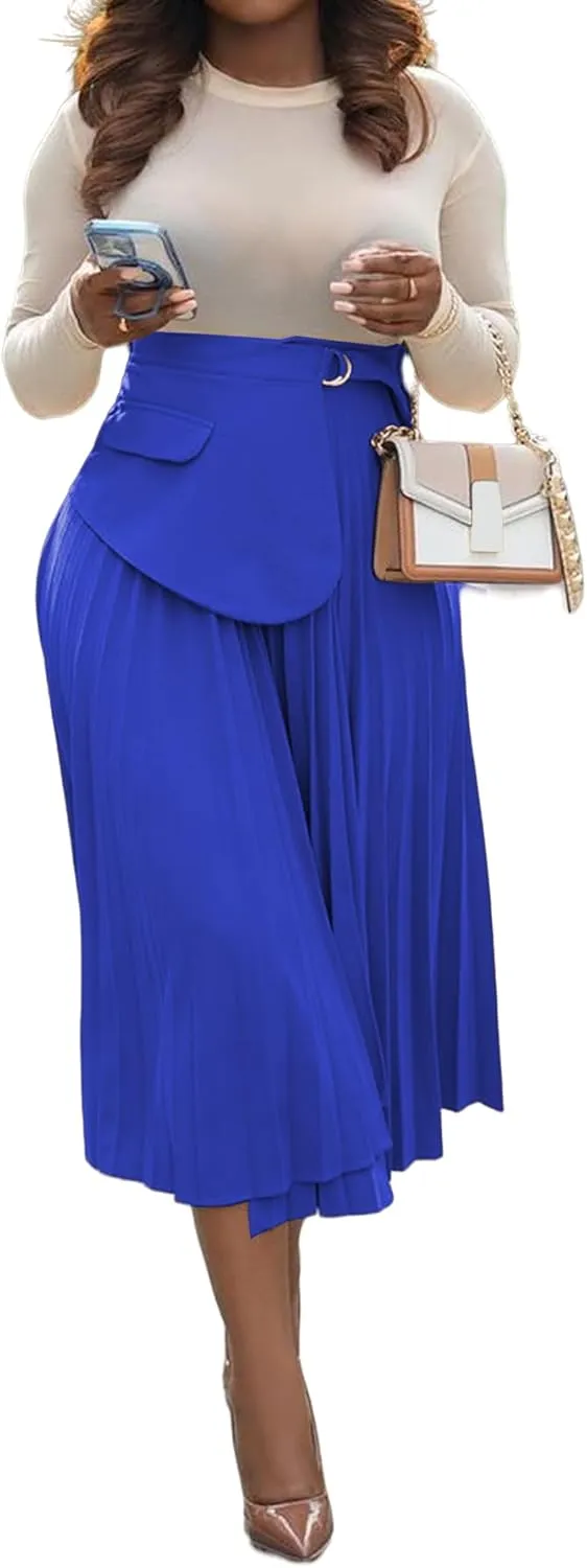 YOOTIKO Women Pleated Skirt High Waisted Midi Skirt Casual Work Flowy A Line Skirts with Buckle